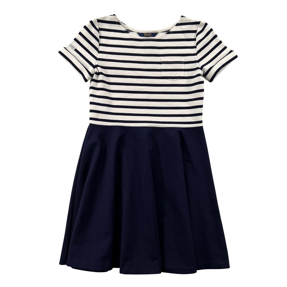 Polo Ralph Lauren Ponte Knit Dress Girls Large 12-14 Striped Short Sleeve Navy